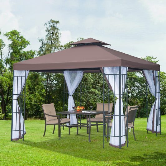 Outsunny Two-Tier Gazebo with Netting Metal Party Tent Canopy, 3m x3m Coffee Marquee Canopy Pavillion Patio Garden Shelter Steel Frame with mesh sidewall and Water strip Brown
