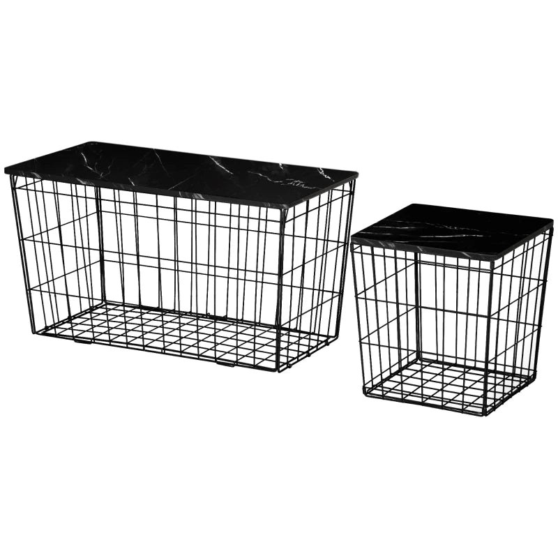 HOMCOM Side Table Set of 2 with Wire Storage Basket, End Tables Coffee Tables with Faux Marble Top for Living Room Bedroom, Black