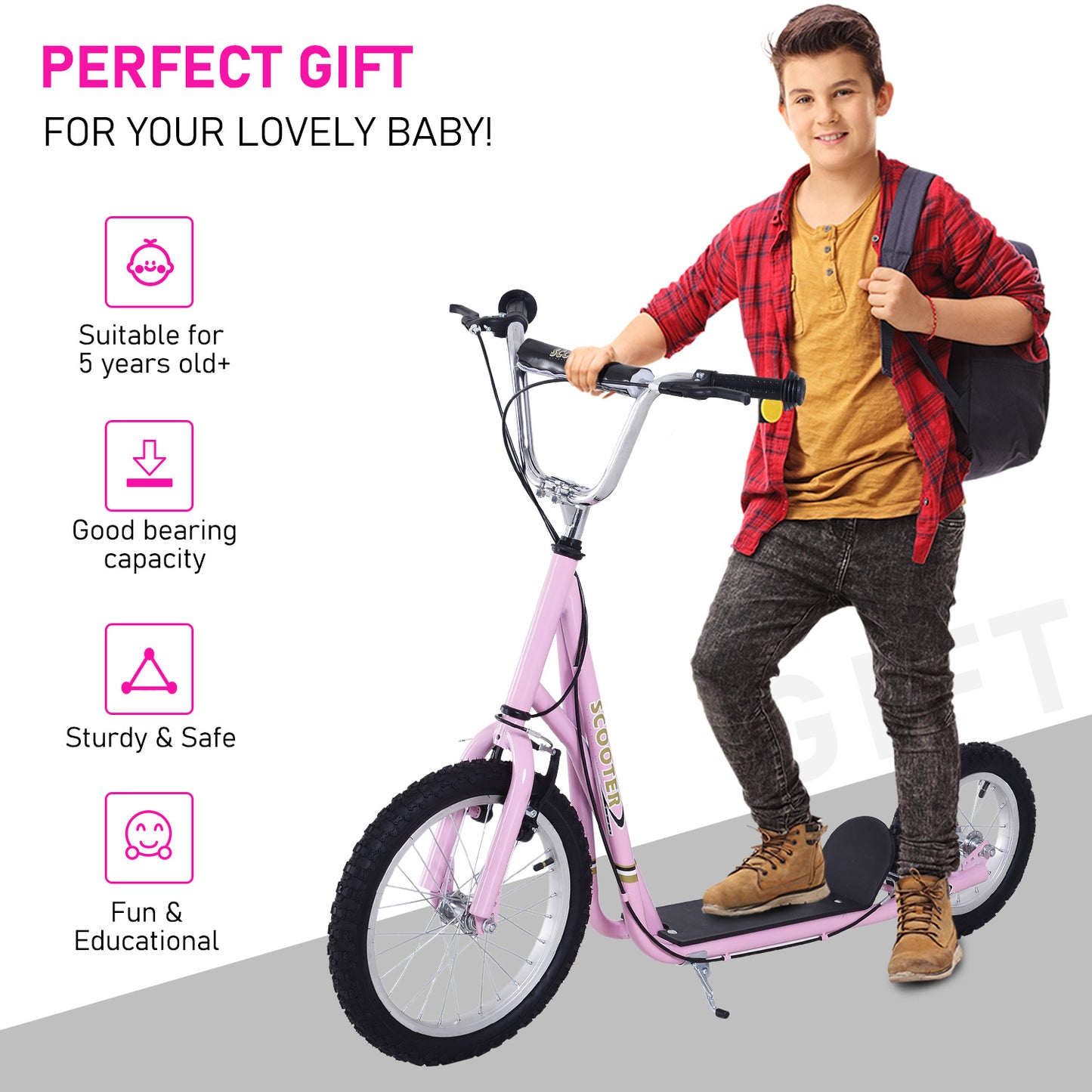 HOMCOM Teen Scooter Push Kick Scooters for Kids with Rubber Wheels Adjustable Handlebar Front Rear Dual Brakes Kickstand, for 5+ Years, Pink