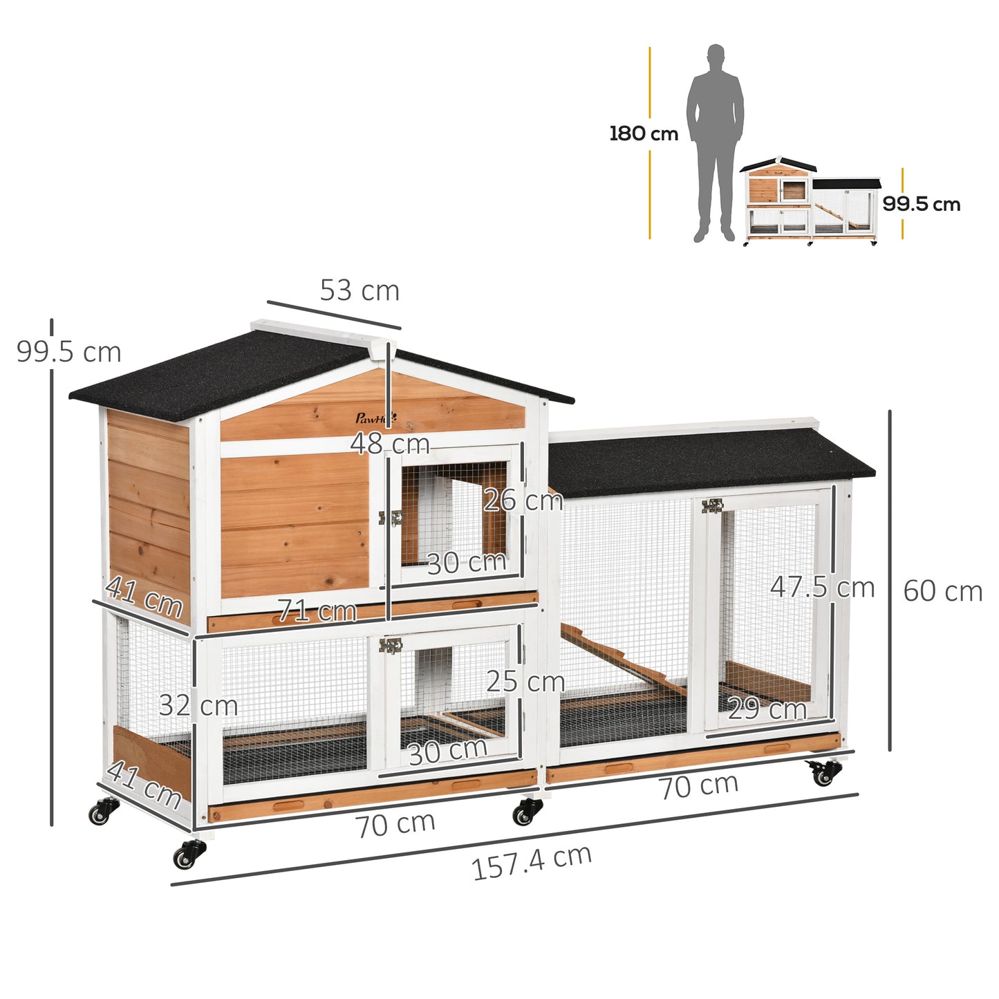 PawHut Two-Tier Wooden Rabbit Hutch Mobile Guinea Pig Cage Bunny Run w/ Wheels, Run, Slide-Out Tray, Ramp