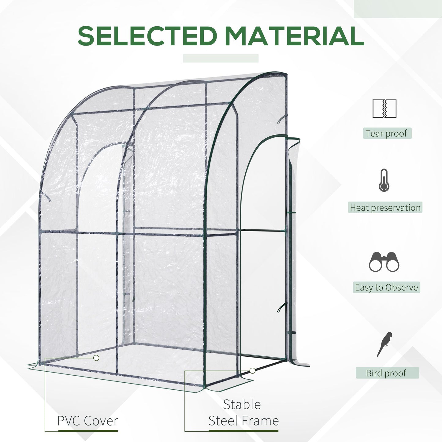 Outsunny Outdoor Walk-In Lean to Wall Tunnel Greenhouse with Zippered Roll Up Door PVC Cover Sloping Top, Clear, Green 143cm x 118cm x 212cm