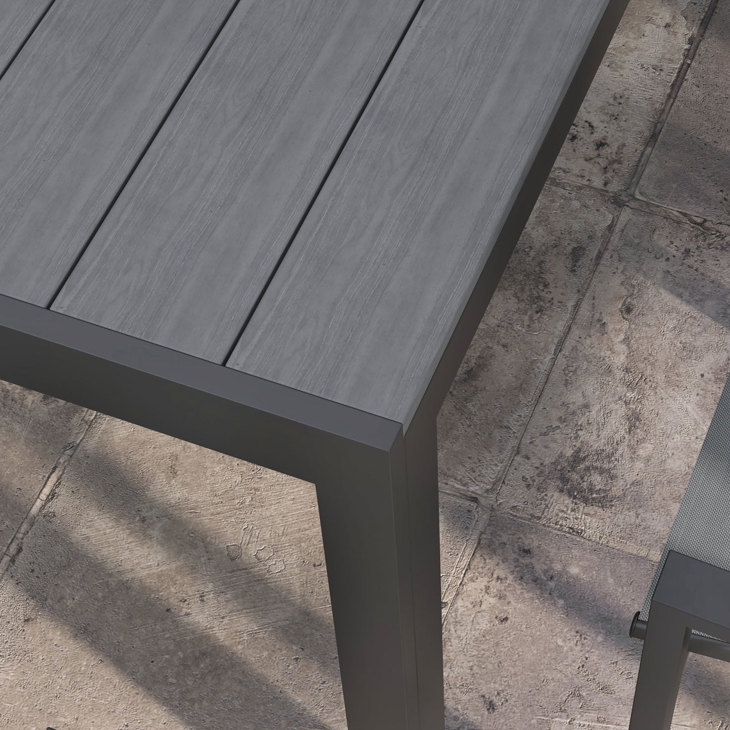 Outsunny 7 Pieces Garden Dining Set with Wood-plastic Composite Dining Table, Outdoor Table and 6 Stackable Armchairs with Breathable Mesh Fabric Seats and Backrest, Light Grey